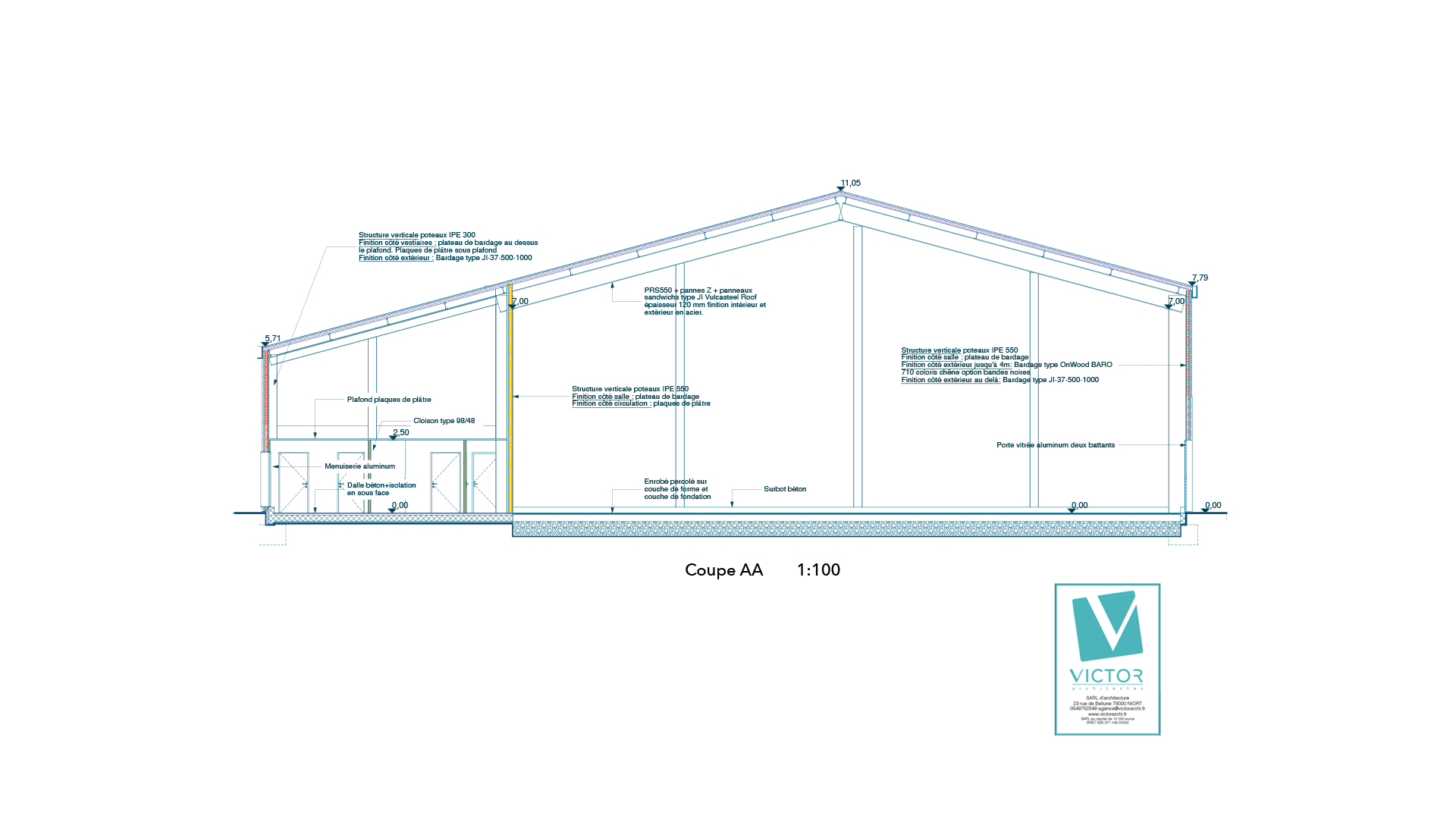 Plan coupe du projet de construction de la salle de sport d'Ardin dans le 79